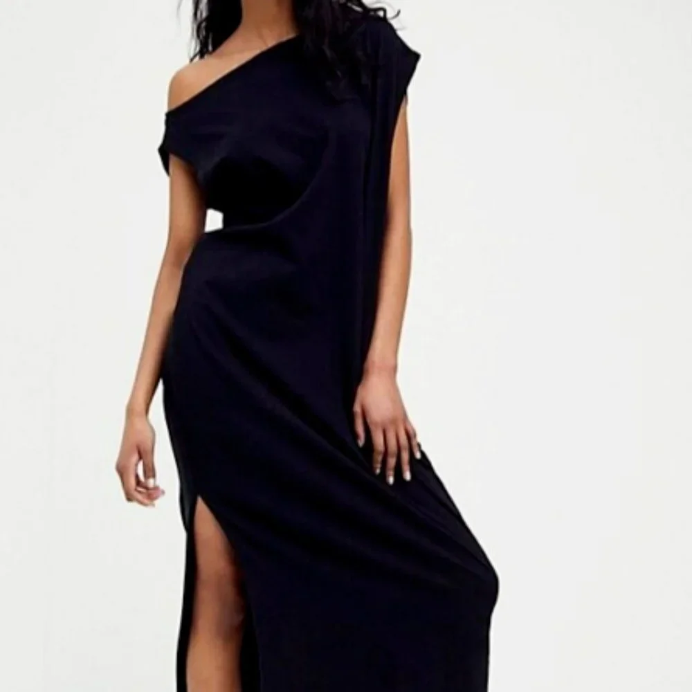 FREE PEOPLE Beach Tunic Midi Dress Size XS Black Stretch Slouchy Casual Relaxed - Picture 1 of 9